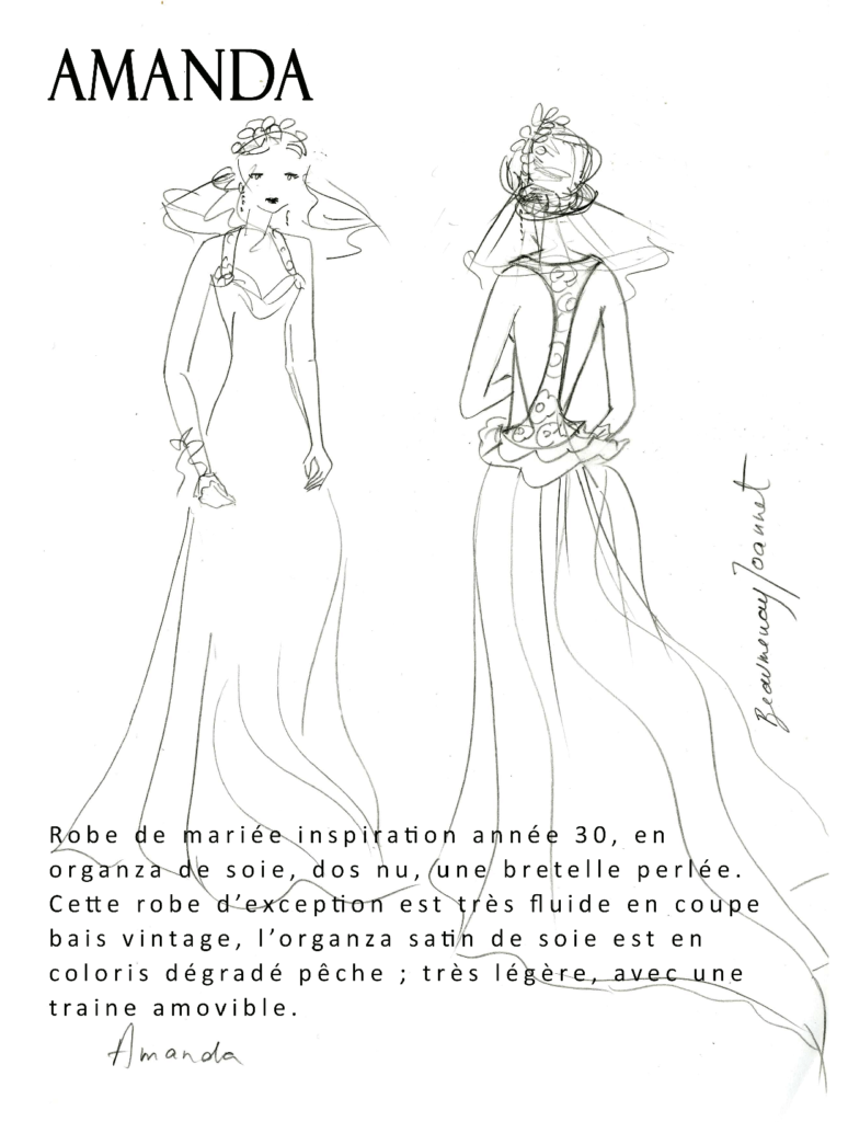 robe de mariée fluide, une bretelle perlée et traine amovible