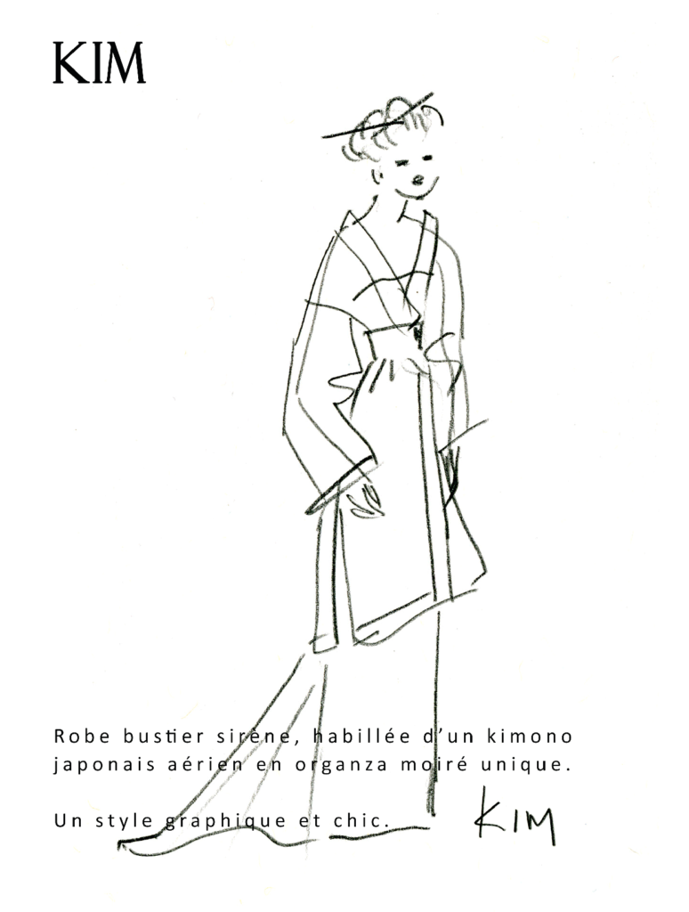 Robe bustier sirène, habillée d’un kimono japonais aérien en organza moiré unique. Un style graphique et chic.